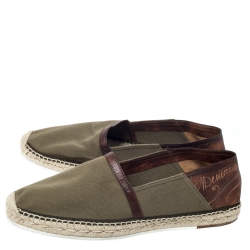 Pre Owned Berluti Olive Green Canvas and Brown Leather Trimmed Espadrilles Loafers Size 44