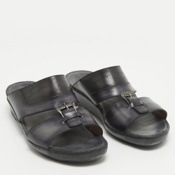 Berluti Navy Blue Scritto Leather Slide Sandals 43