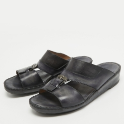 Berluti Navy Blue Scritto Leather Slide Sandals 43
