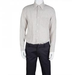 Pre Owned Boss By Hugo Boss White and Brown Striped Linen Long Sleeve Button Front Shirt M