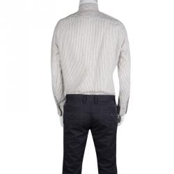 Pre Owned Boss By Hugo Boss White and Brown Striped Linen Long Sleeve Button Front Shirt M