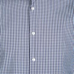 Pre Owned Boss By Hugo Boss Navy Blue and White Checked Cotton Gerald Shirt L