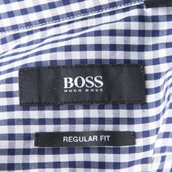 Pre Owned Boss By Hugo Boss Navy Blue and White Checked Cotton Gerald Shirt L