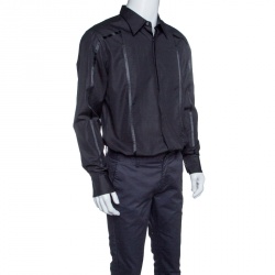 Pre Owned Boss by Hugo Boss Black Cotton Ribbon Panel Detail Button Front Shirt XL
