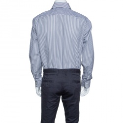 Pre Owned قميص بوس باي هوغو بوس غيرالد أكما مطويلة قطن مخطط أبيض وكحلي XL