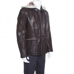 Pre Owned Boss Orange By Hugo Boss Brown Leather Hooded Zip Front Thermore Jacket L