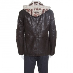 Pre Owned Boss Orange By Hugo Boss Brown Leather Hooded Zip Front Thermore Jacket L