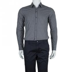 Pre Owned قميص بوس باي هوغو بوس مكسم كاروهات تاترسال قطن رصاصي S