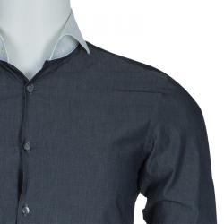 Pre Owned Boss By Hugo Boss Grey Contrast Collar and Cuff Slim Fit Cotton Shirt S