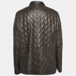 Pre Owned Boss By Hugo Boss Brown Leather Quilted Zip-Up Jacket XXXL