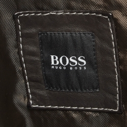 Pre Owned Boss By Hugo Boss Brown Leather Quilted Zip-Up Jacket XXXL