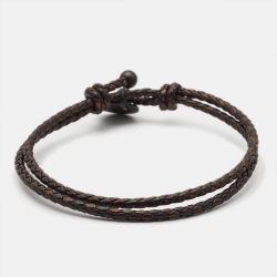 Pre Owned Bottega Veneta Braided Leather Gunmetal Tone Adjustable Bracelet