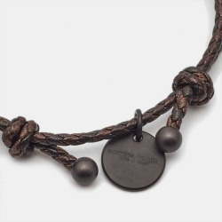 Pre Owned Bottega Veneta Braided Leather Gunmetal Tone Adjustable Bracelet