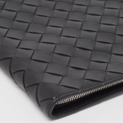 Bottega Veneta Black Intrecciato Leather Half Zip Pouch
