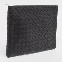 Bottega Veneta Black Intrecciato Leather Half Zip Pouch