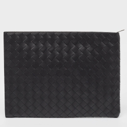 Bottega Veneta Black Intrecciato Leather Half Zip Pouch