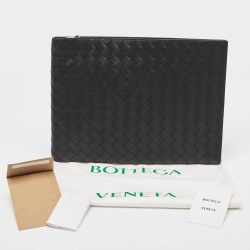 Bottega Veneta Black Intrecciato Leather Half Zip Pouch