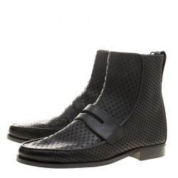 Pre Owned Bottega Veneta Black Perforated Leather Loafer Boots Size 40