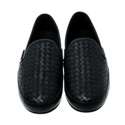 Pre Owned Bottega Veneta Navy Intrecciato Leather Loafers Size 45