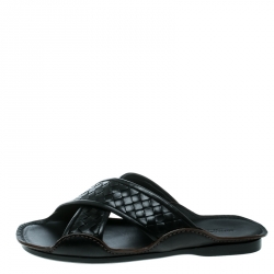 Pre Owned Bottega Veneta Black Intrecciato Leather Cross Strap Flat Slides Size 40