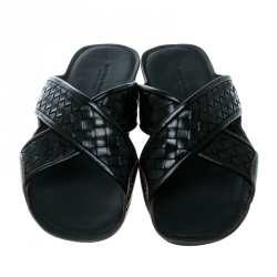 Pre Owned Bottega Veneta Black Intrecciato Leather Cross Strap Flat Slides Size 40