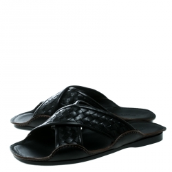Pre Owned Bottega Veneta Black Intrecciato Leather Cross Strap Flat Slides Size 40