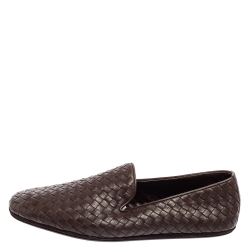 Pre Owned Bottega Veneta Dark Brown Intrecciato Leather Smoking Slippers Size 44