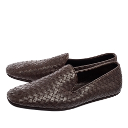 Pre Owned Bottega Veneta Dark Brown Intrecciato Leather Smoking Slippers Size 44