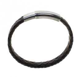 Pre Owned Bottega Veneta Black Intrecciato Woven Leather Silver Bracelet