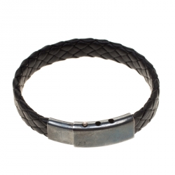 Pre Owned Bottega Veneta Black Intrecciato Woven Leather Silver Bracelet