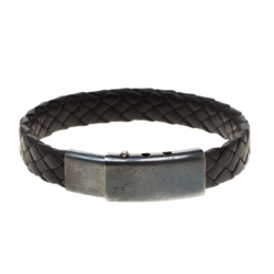 Pre Owned Bottega Veneta Black Intrecciato Woven Leather Silver Bracelet