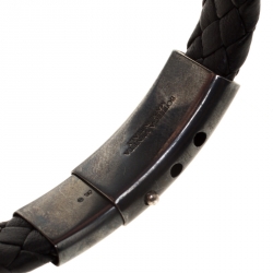 Bottega Veneta Black Intrecciato Woven Leather Silver Bracelet