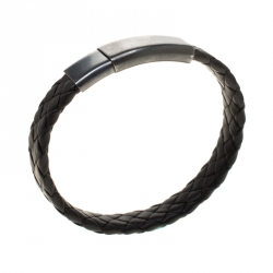 Bottega Veneta Black Intrecciato Woven Leather Silver Bracelet