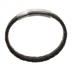 Bottega Veneta Black Intrecciato Woven Leather Silver Bracelet
