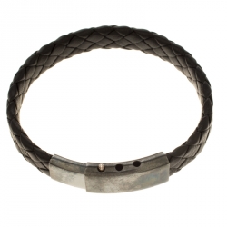 Bottega Veneta Black Intrecciato Woven Leather Silver Bracelet