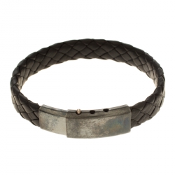 Bottega Veneta Black Intrecciato Woven Leather Silver Bracelet