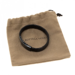 Bottega Veneta Black Intrecciato Woven Leather Silver Bracelet