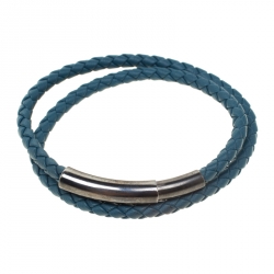Bottega Veneta Blue Intrecciato Woven Leather Double Wrap Bracelet 