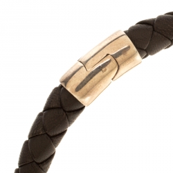 Bottega Veneta Brown Woven Leather Silver Narrow Bracelet 