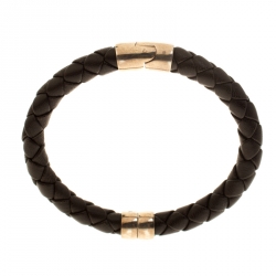 Bottega Veneta Brown Woven Leather Silver Narrow Bracelet 