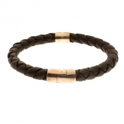 Bottega Veneta Brown Woven Leather Silver Narrow Bracelet 