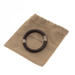 Bottega Veneta Brown Woven Leather Silver Narrow Bracelet 