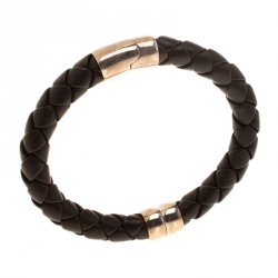 Pre Owned Bottega Veneta Brown Woven Leather Silver Narrow Bracelet