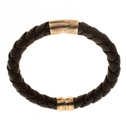 Pre Owned Bottega Veneta Brown Woven Leather Silver Narrow Bracelet