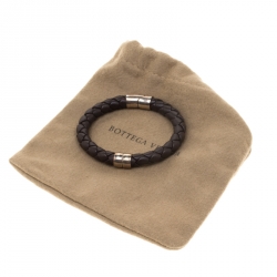 Pre Owned Bottega Veneta Brown Woven Leather Silver Narrow Bracelet
