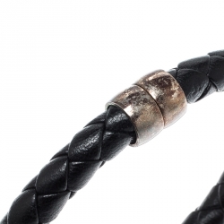 Bottega Veneta Black Woven Leather Silver Narrow Cuff Bracelet