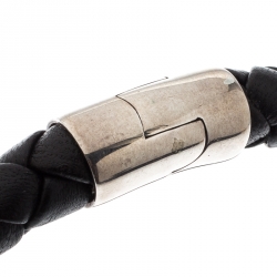 Pre Owned Bottega Veneta Black Woven Leather Silver Narrow Bracelet
