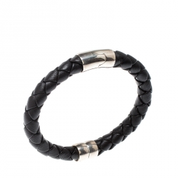 Pre Owned Bottega Veneta Black Woven Leather Silver Narrow Bracelet
