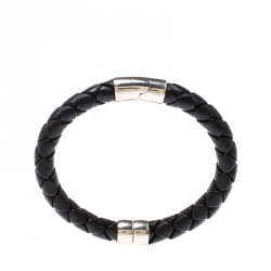 Pre Owned Bottega Veneta Black Woven Leather Silver Narrow Bracelet