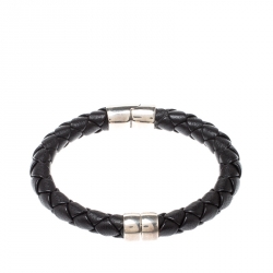 Pre Owned Bottega Veneta Black Woven Leather Silver Narrow Bracelet